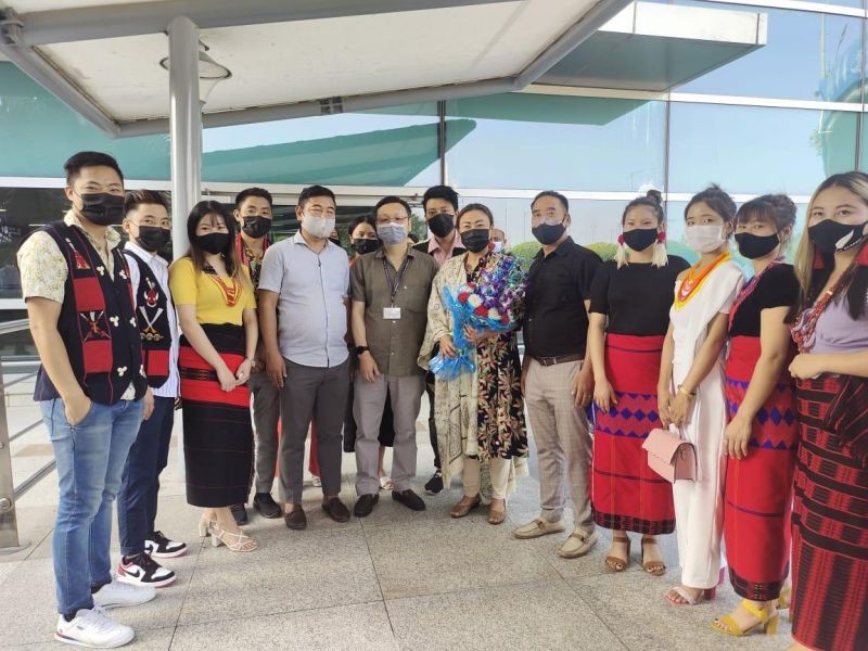 Newly elected Rajya Sabha MP from Nagaland, S Phangnon Konyak being received by DRC Nagaland House, New Delhi, Wennyei Konyak, and Eastern Naga Students' Union Delhi at the airport in the national capital on March 30.